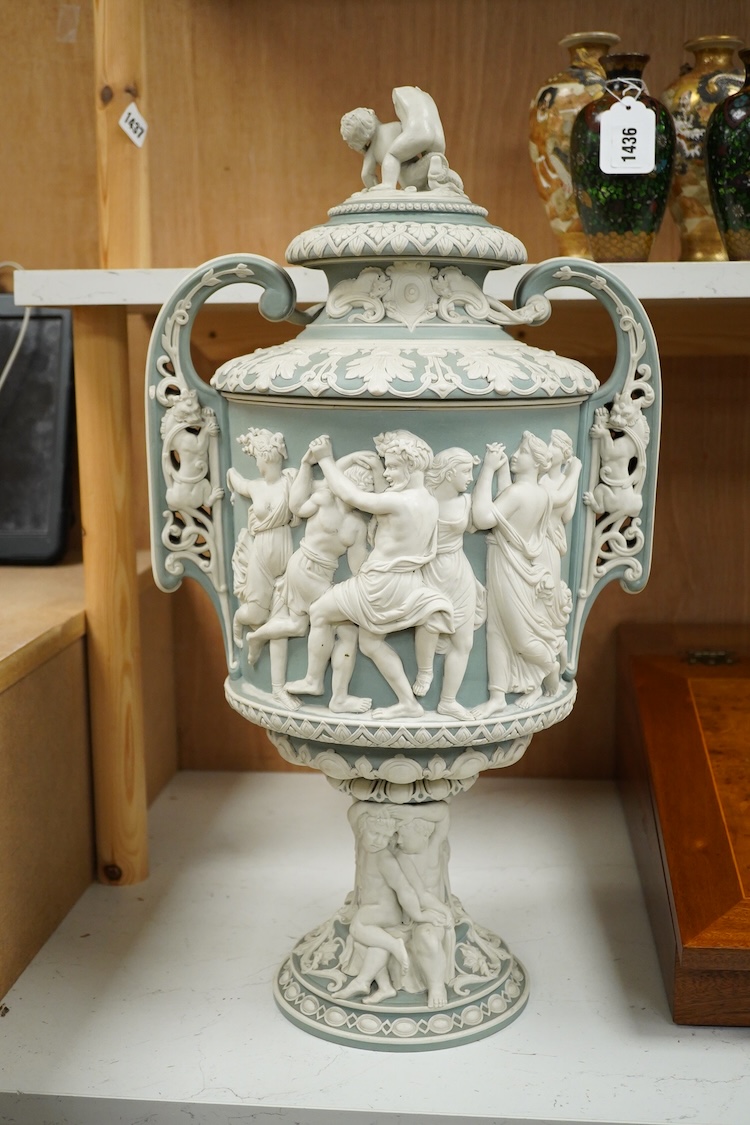 A large late 19th green jasperware two-handle vase and cover by J. Ridge, 58cm